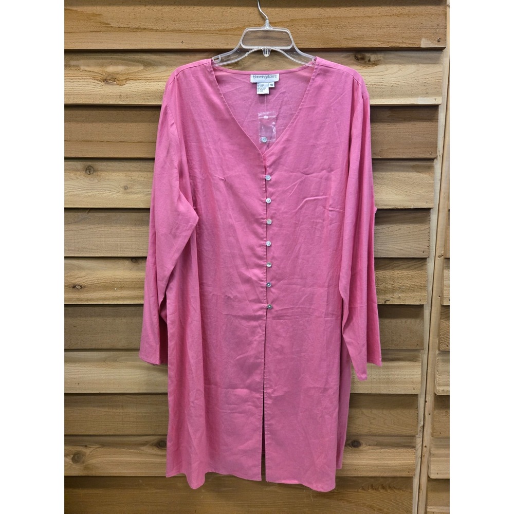 NWOT Bloomingdales Pink 100% Linen Button Down Tunic Length Top Size 18